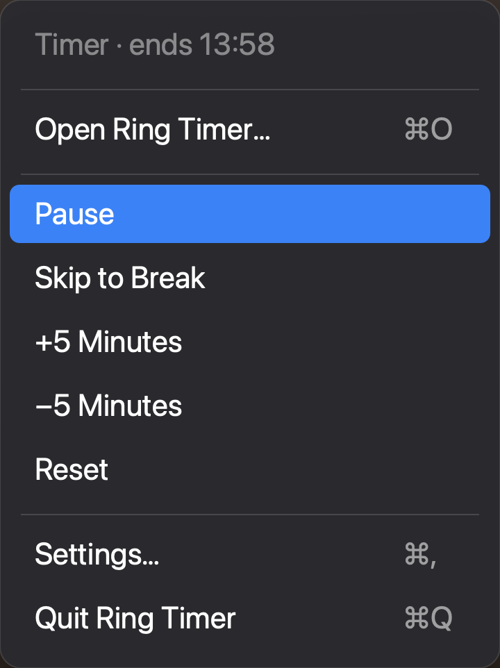 The Ring Timer menu, with Open Ring Timer, Pause, Skip to Break, plus and minus 5 minutes, Reset, Settings and Quit.