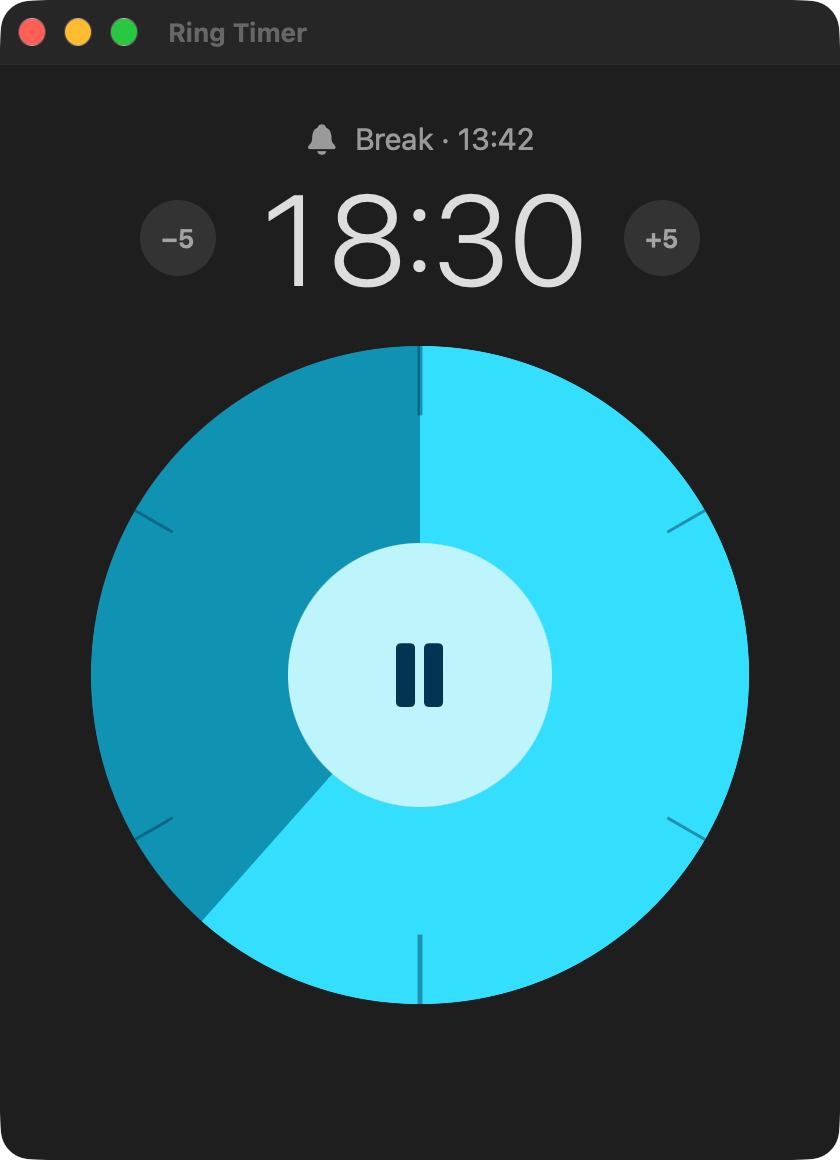 Ring Timer during a break, with 18:30 left on a teal ring.