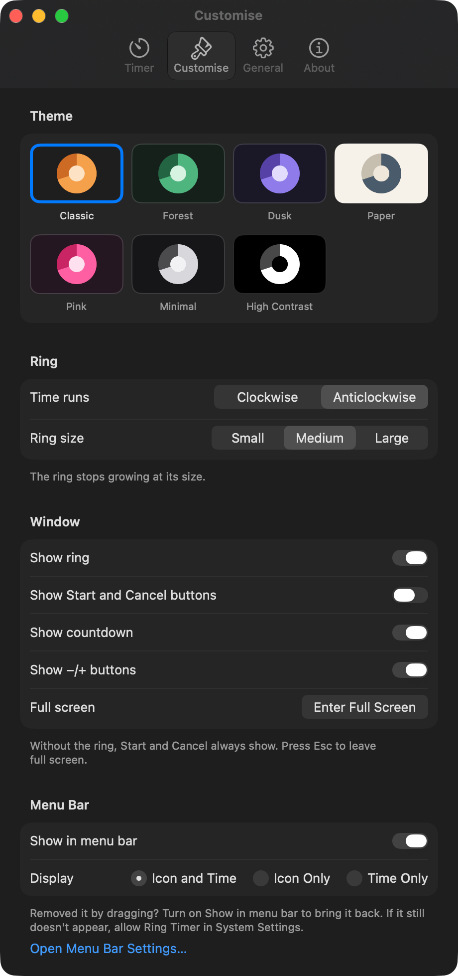 Ring Timer's Customise settings: theme swatches, ring direction and size, and window and menu bar options.