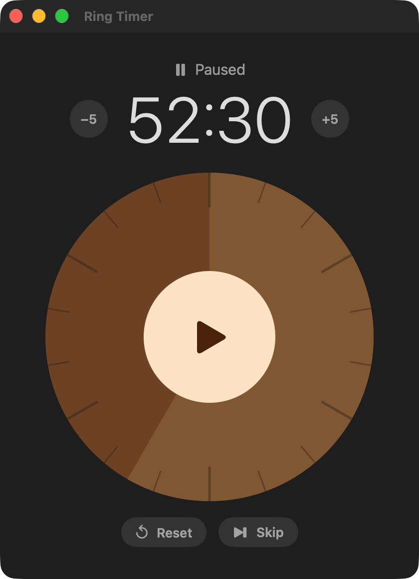 Ring Timer paused at 52:30, with the ring dimmed behind a play button and Reset and Skip buttons below.