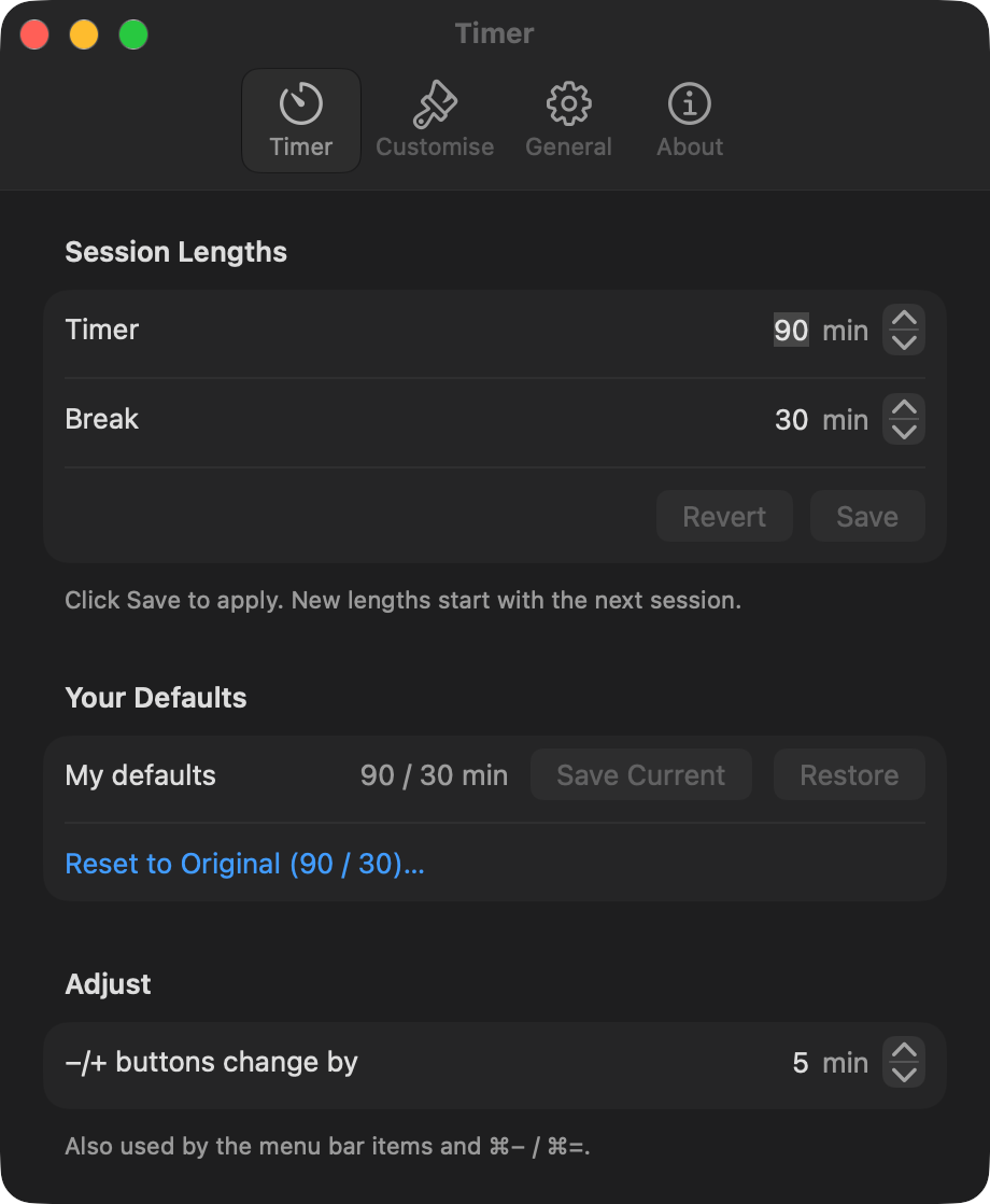 Ring Timer settings: session lengths, your defaults and the adjust step.